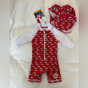 Baby half zip shark print swimsuit and swim hat with upf 50+, 3-6 months